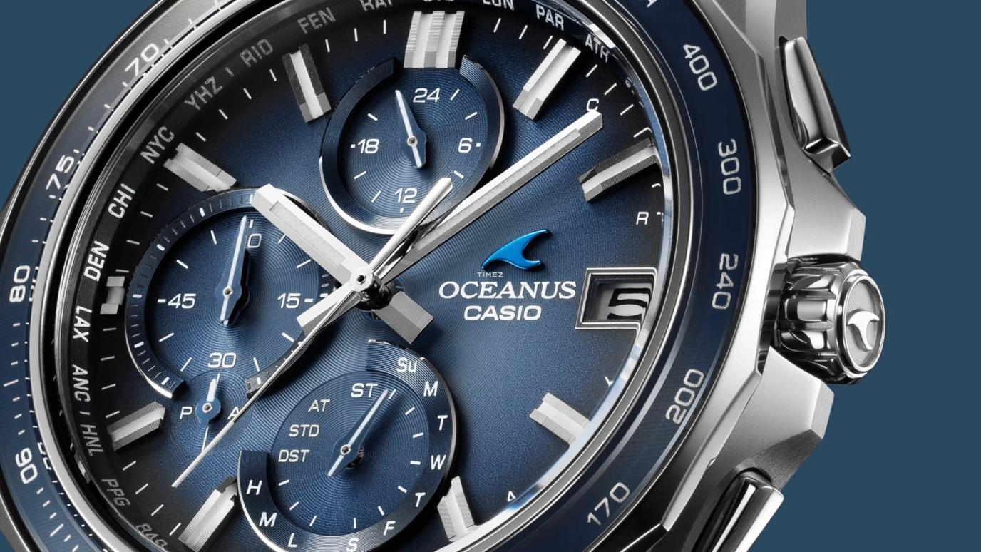 Casio,OCEANUS 47.50x42.80mm,47.50x42.80mm,Titanium,Sapphire,glass,Blue,Quartz,Chronograph,Date,Day,World Time,Sapphire,Crystal Glass,Round,OCWS7000RA2A