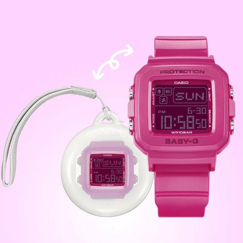 Casio,BGD-10 42.80x39mm,42.80x39mm,Resin,Pink,Quartz,Countdown,Chronograph,Month,Date,Hardlex,Square,BGD10K,BGD10K-4