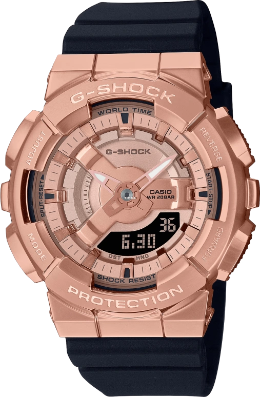 Casio,G-SHOCK 46x42mm,46x42mm,Resin,Stainless Steel,Pink Gold,Quartz,Countdown,Chronograph,Month,Date,Hardlex,Round,GMS110PG,GMS110PG-1A