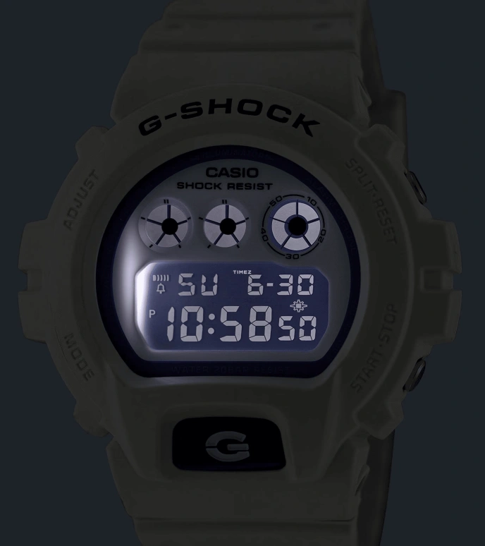Casio,G-Shock 6900 53.20x50mm,53.20x50mm,Resin,White,Quartz,Countdown,Chronograph,Month,Date,Hardlex,Round,DW6900HDS,DW6900HDS-7
