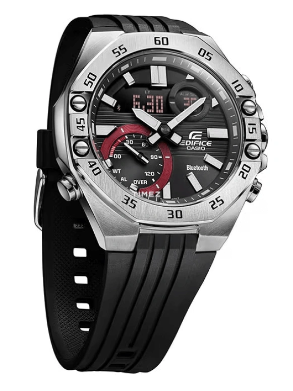 Casio,EDIFICE 51x48.50mm,51x48.50mm,Stainless Steel,Black,Quartz,Countdown,Chronograph,Month,Date,Hardlex,Octagon,ECB10P,ECB10P-1A