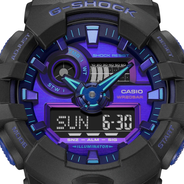 Casio,G-SHOCK 53.40mm,53.40mm,Resin,Purple,Quartz,Countdown,Chronograph,Month,Date,Hardlex,Round,GA700VB,GA700VB-1A
