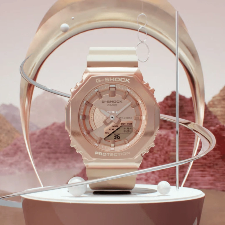 Casio,G-SHOCK 40.40mm,40.40mm,Resin,Pink Gold,Quartz,Countdown,Chronograph,Month,Date,Hardlex,Octagon,GMS2100PG,GMS2100PG-4A