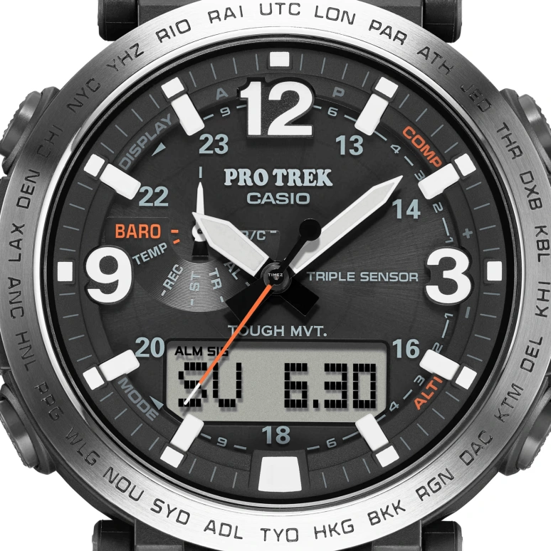 Casio,PROTREK 51.60x51.50mm,51.60x51.50mm,Stainless Steel,Black,Quartz,Countdown,Chronograph,Month,Date,Hardlex,Round,PRW6611Y,PRW6611Y-1