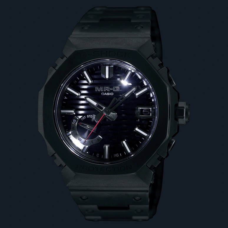 Casio,MR-G 49.50x44.40mm,49.50x44.40mm,Titanium,Cobalt Alloy,Black,Quartz,Date,Day,Retrograde,Anti-magnetic,Sapphire,Crystal Glass,Octagon,MRGB2100D,MRGB2100D-1A