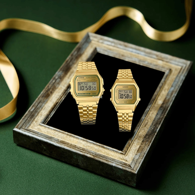 Casio,VINTAGE 36.80x33.20mm,36.80x33.20mm,Resin,Gold,Quartz,Chronograph,Date,Day,Hour Strike,Plexi,Cushion,A158WEGV,A158WEGV-9A