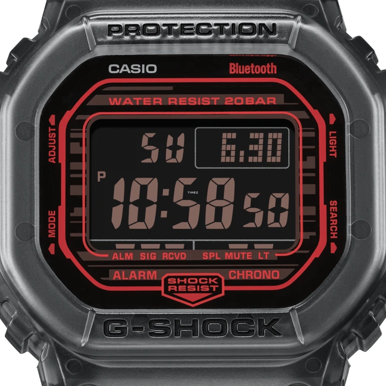 Casio,G-SHOCK 48.90x42.80mm,48.90x42.80mm,Resin,Black,Red,Quartz,Countdown,Chronograph,Month,Date,Hardlex,Square,DWB5600G,DWB5600G-1