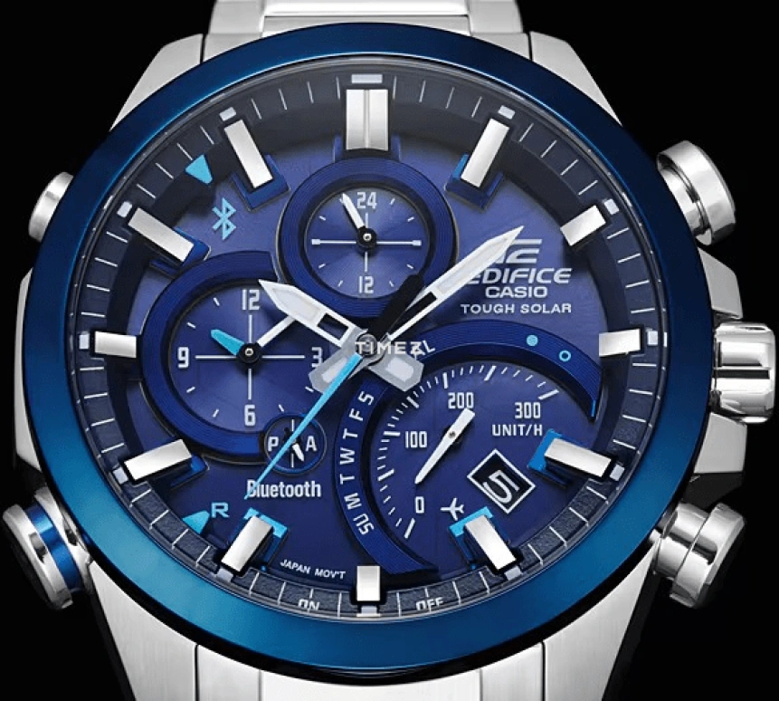 Casio,EDIFICE 48.10mm,48.10mm,Stainless Steel,Blue,Quartz,Chronograph,Date,Day,Power Reserve Indicator,Hardlex,Round,EQB500DB,EQB500DB-2A