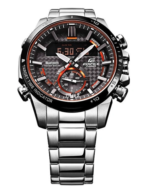 Casio,EDIFICE 49.20mm,49.20mm,Stainless Steel,Black,Quartz,Countdown,Chronograph,Month,Date,Round,Silver,ECB800DB,ECB800DB-1A