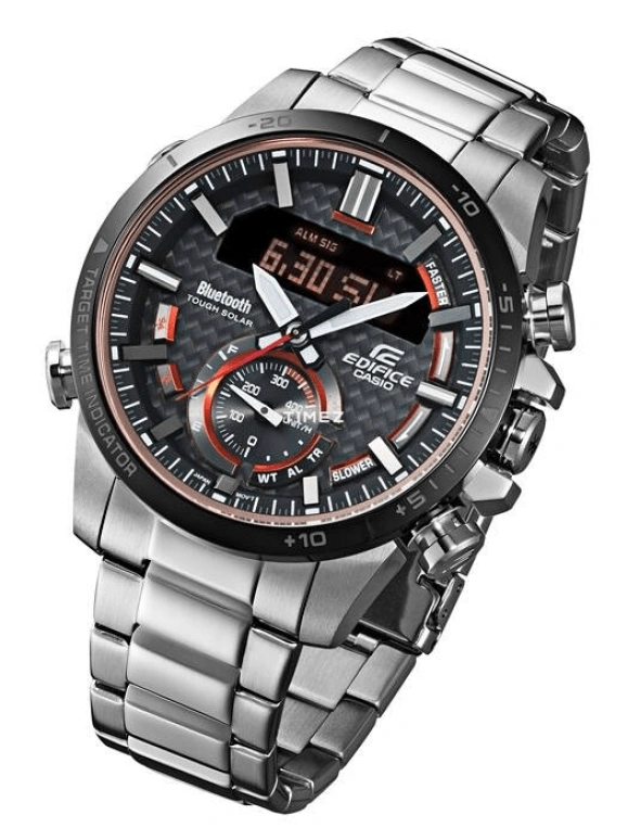 Casio,EDIFICE 49.20mm,49.20mm,Stainless Steel,Black,Quartz,Countdown,Chronograph,Month,Date,Round,Silver,ECB800DB,ECB800DB-1A