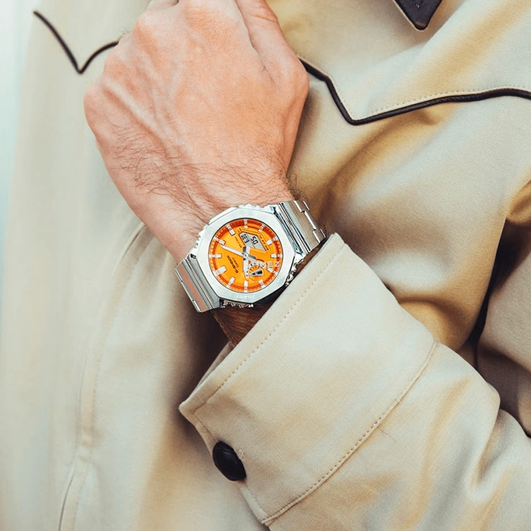 Casio,G-SHOCK 44.40mm,44.40mm,Stainless Steel,Orange,Quartz,Countdown,Chronograph,Month,Date,Hardlex,Octagon,GM2110D,GM2110D-4A