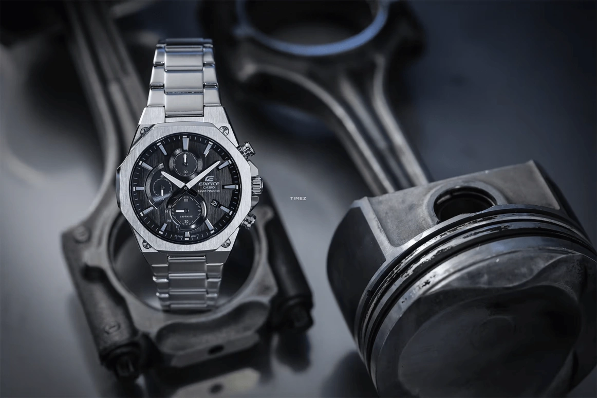Casio,EDIFICE 49x44mm,49x44mm,Stainless Steel,Black,Quartz,Chronograph,Day,Power Reserve Indicator,Solar Charging,Sapphire,Octagon,EFSS570D,EFSS570D-1A