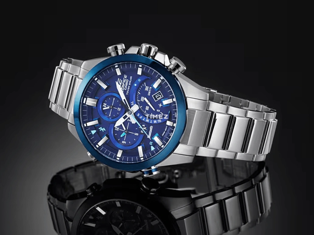 Casio,EDIFICE 48.10mm,48.10mm,Stainless Steel,Blue,Quartz,Chronograph,Date,Day,Power Reserve Indicator,Hardlex,Round,EQB500DB,EQB500DB-2A