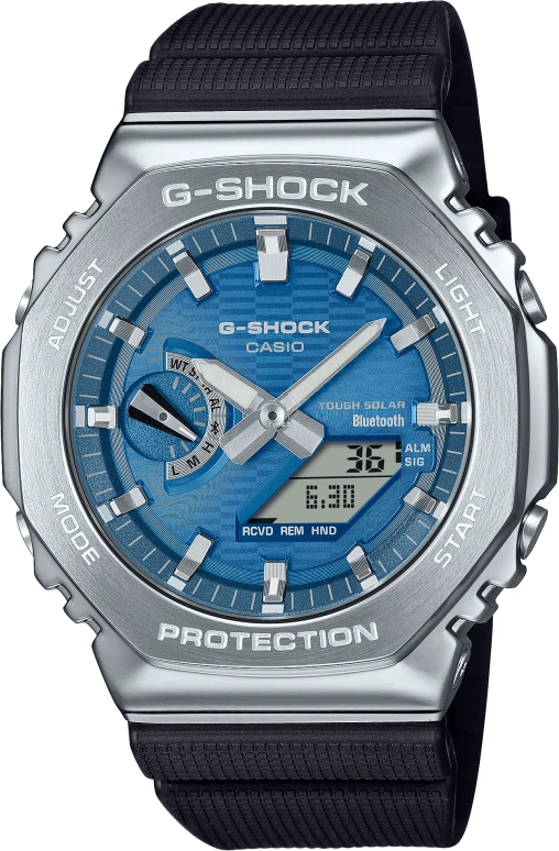 Casio,G-STEEL 49.30x44.40mm,49.30x44.40mm,Stainless Steel,Bio-sourced,Resin,Blue,Quartz,Countdown,Chronograph,Month,Date,Hardlex,Octagon,GBM2100A,GBM2100A-2B