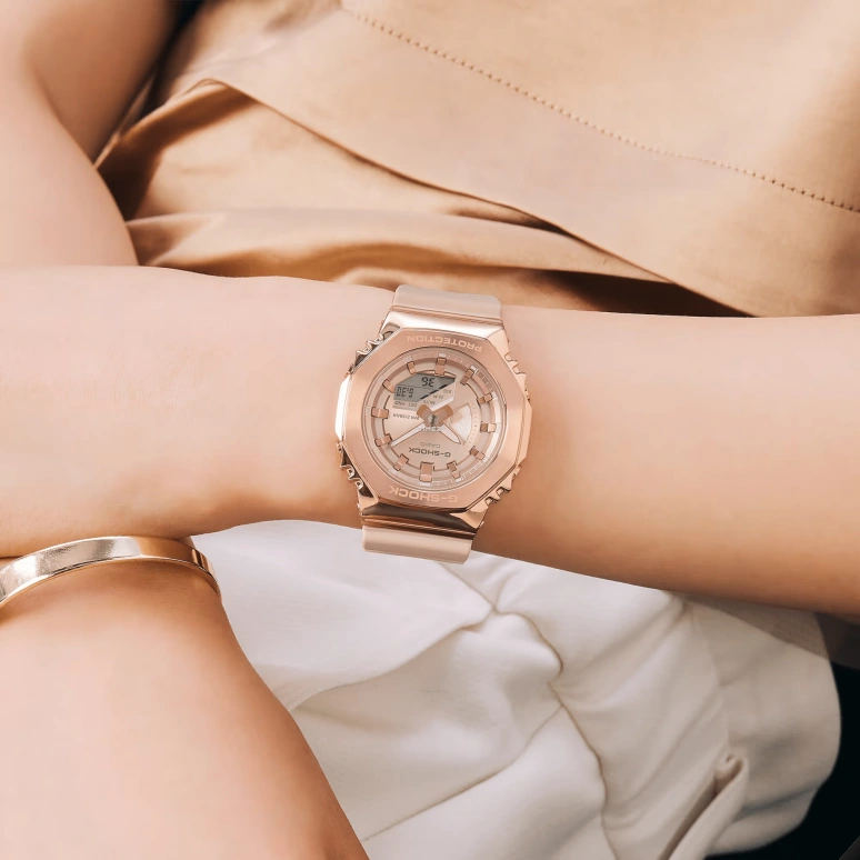 Casio,G-SHOCK 40.40mm,40.40mm,Resin,Pink Gold,Quartz,Countdown,Chronograph,Month,Date,Hardlex,Octagon,GMS2100PG,GMS2100PG-4A