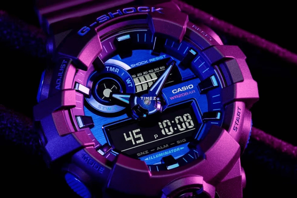 Casio,G-SHOCK 53.40mm,53.40mm,Resin,Purple,Quartz,Countdown,Chronograph,Month,Date,Hardlex,Round,GA700VB,GA700VB-1A