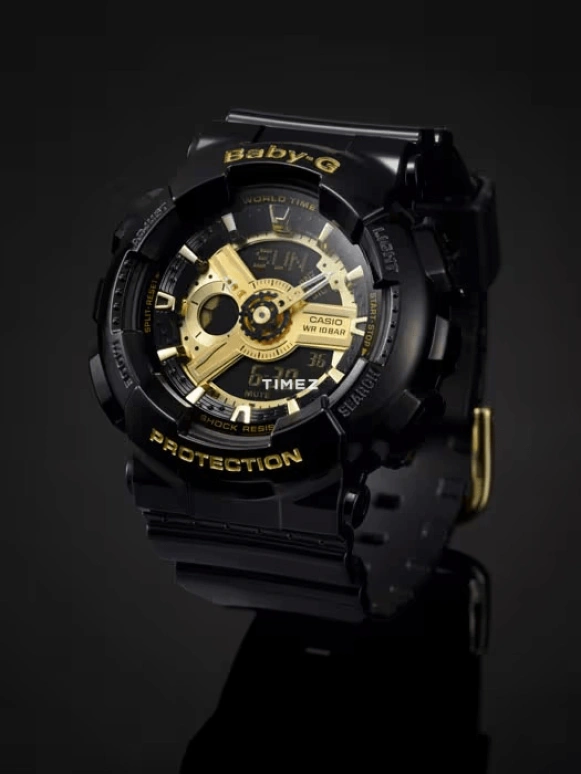 Casio,BA-110 43.40mm,43.40mm,Resin,Gold,Black,Quartz,Countdown,Chronograph,Month,Date,Hardlex,Round,BA110,BA110-1A
