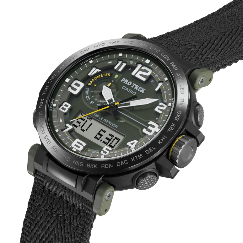 Casio,PROTREK 51.60x51.50mm,51.60x51.50mm,Bio-sourced,Stainless Steel,Grey,Olive Green,Quartz,Countdown,Chronograph,Month,Date,Hardlex,Glass,Round,PRG601YB,PRG601YB-3