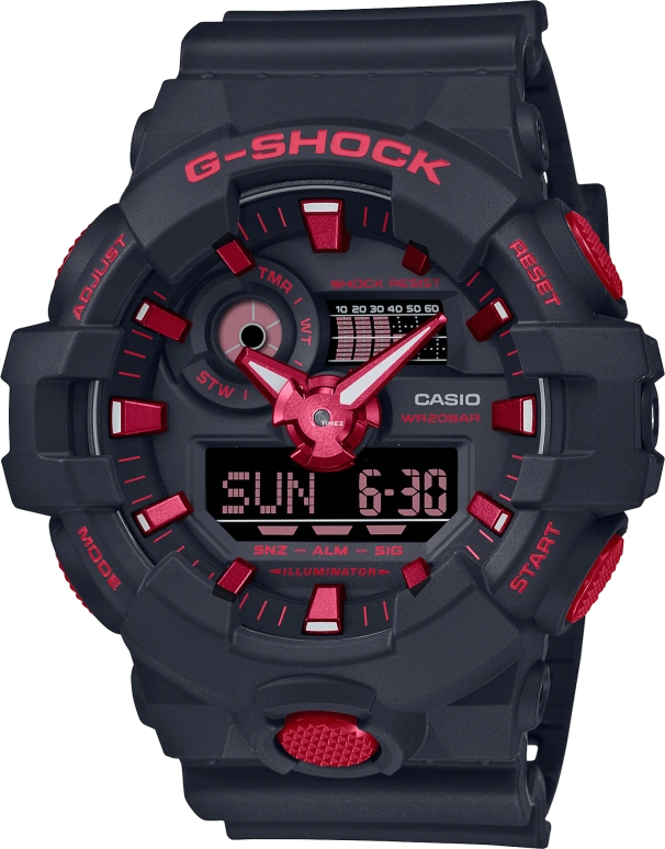 Casio,G-SHOCK 53.40mm,53.40mm,Resin,Black,Red,Quartz,Countdown,Chronograph,Month,Date,Hardlex,Round,GA700BNR,GA700BNR-1A