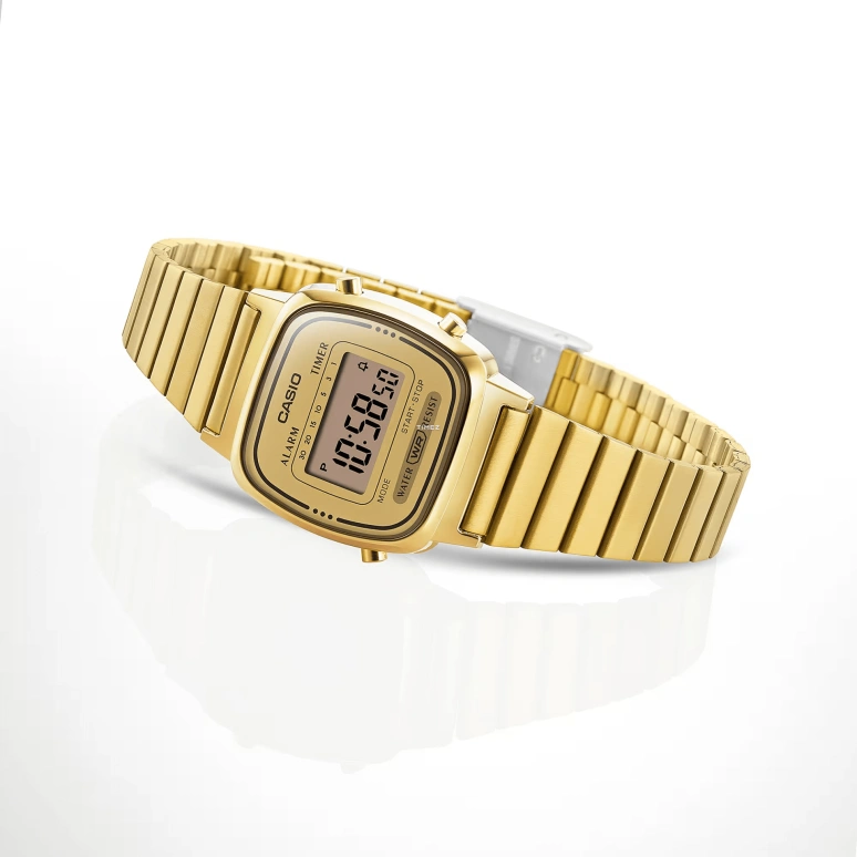 Casio,VINTAGE 30.30x24.60mm,30.30x24.60mm,Resin,Gold,Quartz,Countdown,Chronograph,Month,Date,Plexi,Glass,Square,LA670WGA,LA670WGA-9
