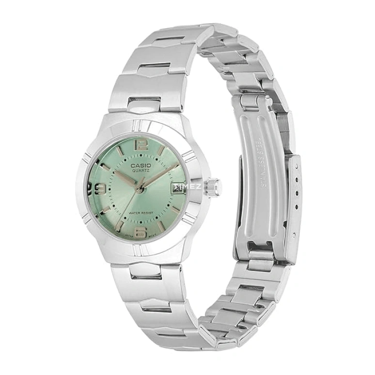 Casio,ANALOGUE 25mm,25mm,Stainless Steel,Green,Quartz,Day,Round,LTP,LTP-1241D-3ADF