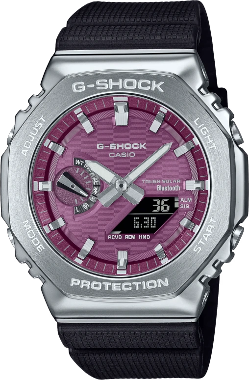 Casio,G-STEEL 49.30x44.40mm,49.30x44.40mm,Stainless Steel,Bio-sourced,Resin,Burgundy,Quartz,Countdown,Chronograph,Month,Date,Sapphire,Crystal Glass,Octagon,GBM2100A,GBM2100A-4B