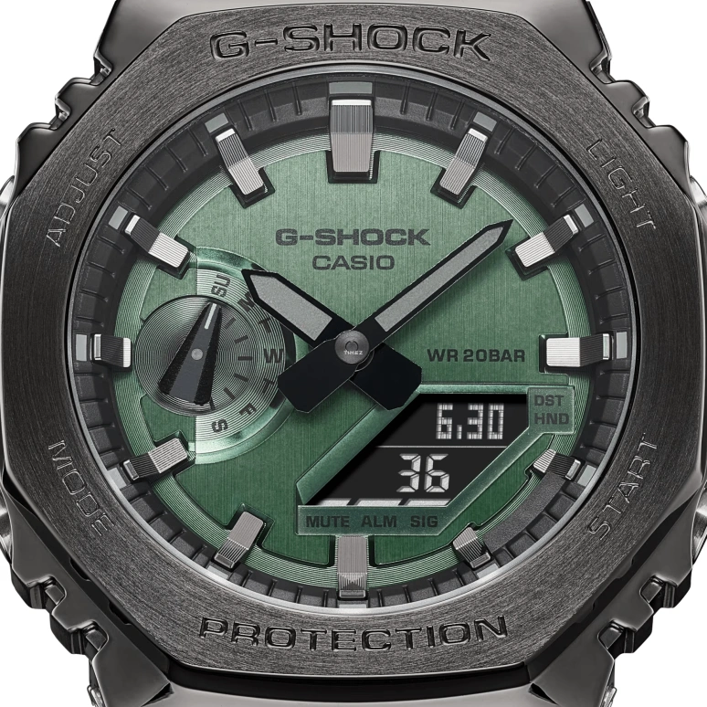 Casio,G-SHOCK 49.30x44.40mm,49.30x44.40mm,Resin,Stainless Steel,Green,Quartz,Countdown,Chronograph,Month,Date,Hardlex,Round,GM2100B,GM2100B-3A