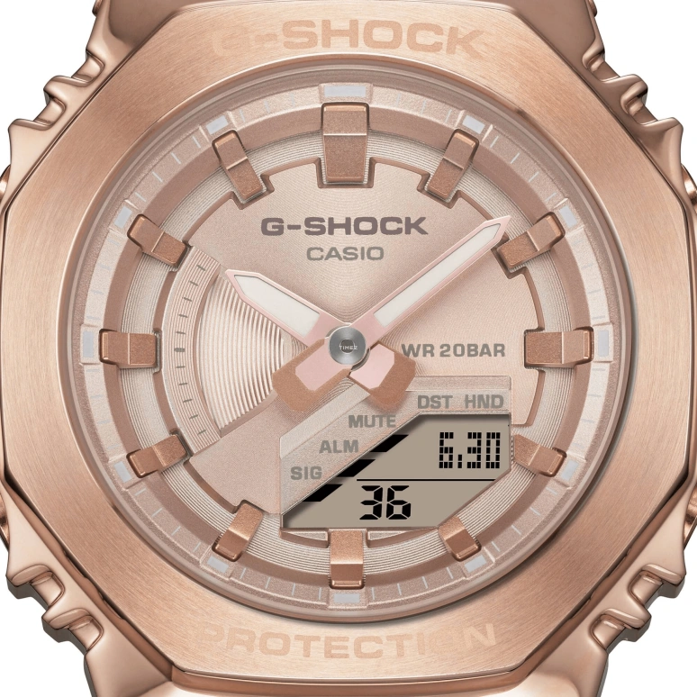 Casio,G-SHOCK 40.40mm,40.40mm,Resin,Pink Gold,Quartz,Countdown,Chronograph,Month,Date,Hardlex,Octagon,GMS2100PG,GMS2100PG-4A