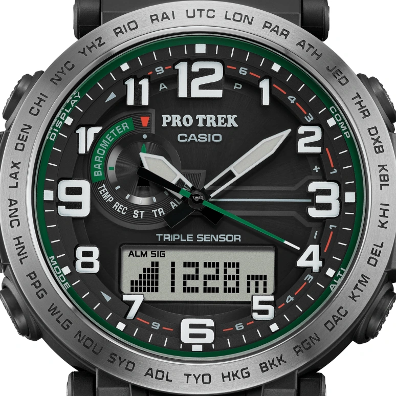 Casio,PROTREK 51.60x51.50mm,51.60x51.50mm,Bio-sourced,Stainless Steel,Black,Quartz,Countdown,Chronograph,Month,Date,Hardlex,Glass,Round,PRG601,PRG601-1