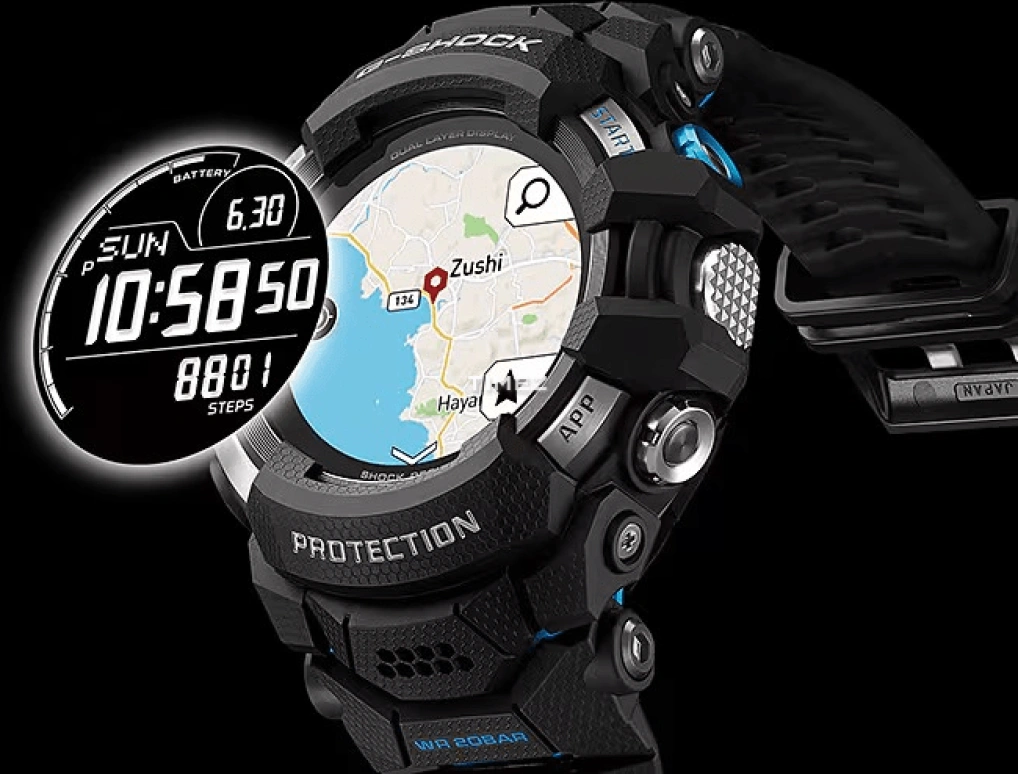 Casio,G-SHOCK 56.30mm,56.30mm,Resin,Blue,Black,Processor,Smartwatch,GPS,Altitude Indicator,Compass,Hardlex,Round,GSWH1000,GSWH1000-1