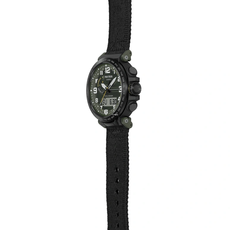 Casio,PROTREK 51.60x51.50mm,51.60x51.50mm,Bio-sourced,Stainless Steel,Grey,Olive Green,Quartz,Countdown,Chronograph,Month,Date,Hardlex,Glass,Round,PRG601YB,PRG601YB-3