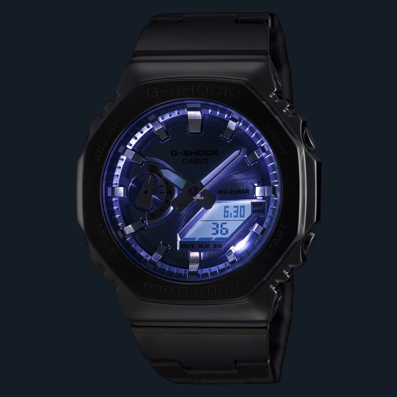 Casio,G-SHOCK 44.40mm,44.40mm,Stainless Steel,Ice Blue,Quartz,Countdown,Chronograph,Month,Date,Sapphire,Octagon,GM2110D,GM2110D-2A