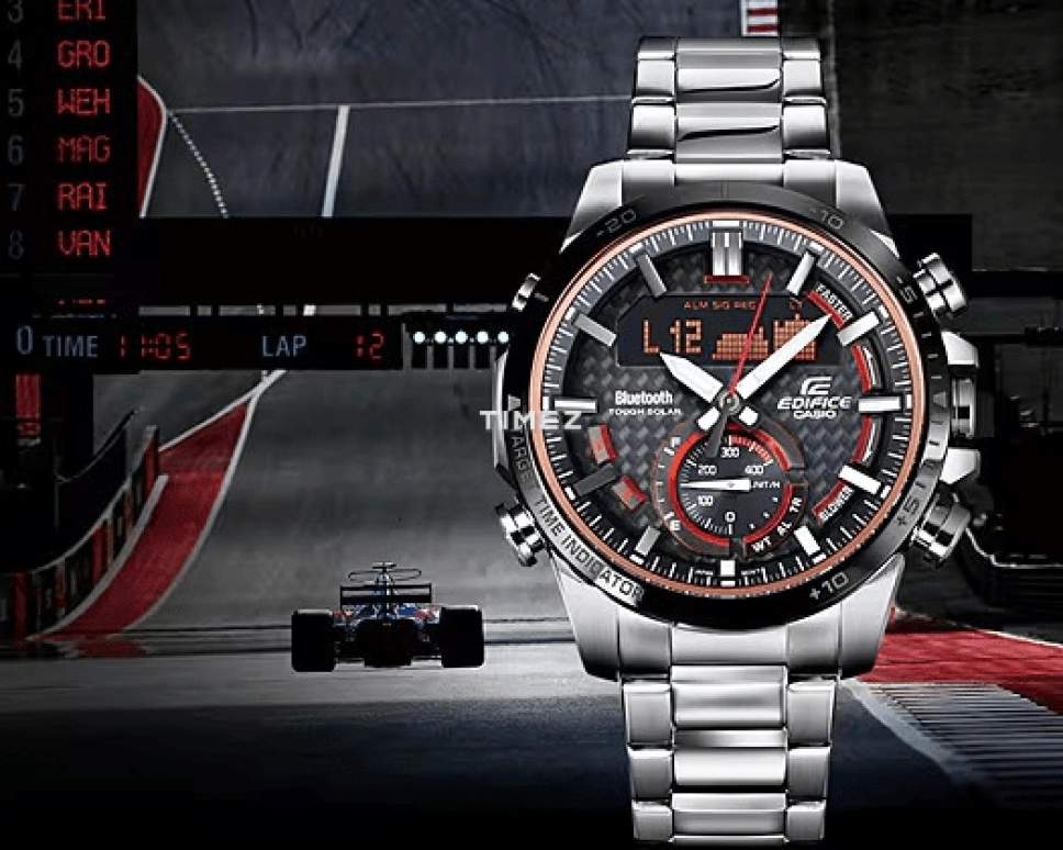Casio,EDIFICE 49.20mm,49.20mm,Stainless Steel,Black,Quartz,Countdown,Chronograph,Month,Date,Round,Silver,ECB800DB,ECB800DB-1A