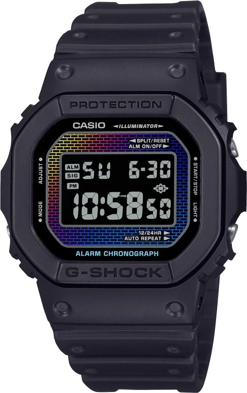 Casio,G-SHOCK 48.90x42.80mm,48.90x42.80mm,Bio-sourced,Resin,Rainbow,Black,Quartz,Countdown,Chronograph,Month,Date,Hardlex,Square,DW5600RW,DW5600RW-1