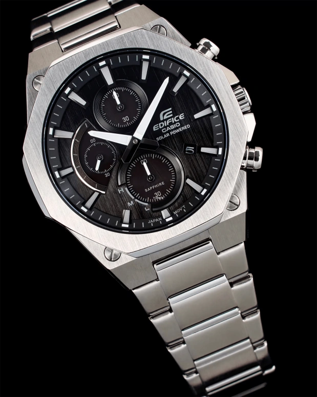 Casio,EDIFICE 49x44mm,49x44mm,Stainless Steel,Black,Quartz,Chronograph,Day,Power Reserve Indicator,Solar Charging,Sapphire,Octagon,EFSS570D,EFSS570D-1A