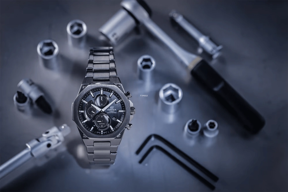 Casio,EDIFICE 49x44mm,49x44mm,Stainless Steel,Black,Quartz,Chronograph,Day,Power Reserve Indicator,Solar Charging,Hardlex,Round,EFSS570DC,EFSS570DC-1A