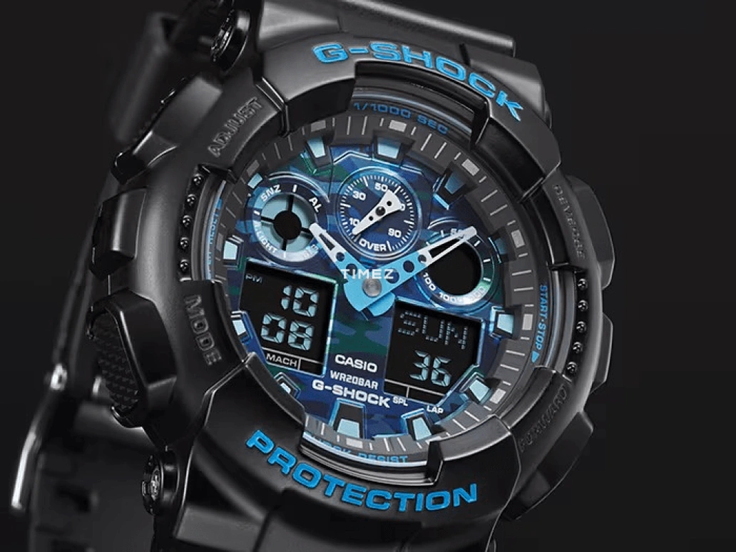 Casio,G-SHOCK 51.20mm,51.20mm,Resin,Blue,Quartz,Countdown,Chronograph,Month,Date,Hardlex,Round,GA100CB,GA100CB-1A
