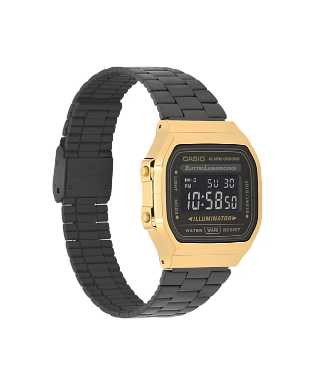 Casio,VINTAGE 38.60x36.30mm,38.60x36.30mm,Resin,Black,Quartz,Chronograph,Date,Day,Hour Strike,Plexi,Cushion,A168WEGB,A168WEGB-1BVT