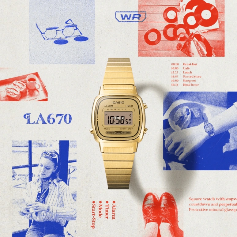 Casio,VINTAGE 30.30x24.60mm,30.30x24.60mm,Resin,Gold,Quartz,Countdown,Chronograph,Month,Date,Plexi,Glass,Square,LA670WGA,LA670WGA-9