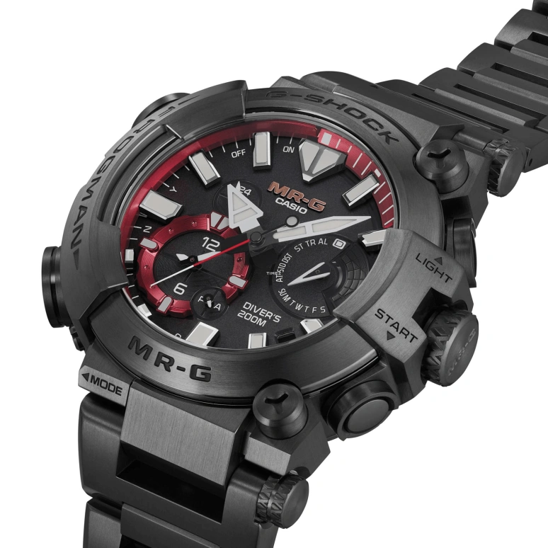 Casio,MR-G 56x49.70mm,56x49.70mm,Titanium,Black,Quartz,Countdown,Chronograph,Month,Date,Sapphire,Glass,Round,MRGBF1000B,MRGBF1000B-1A