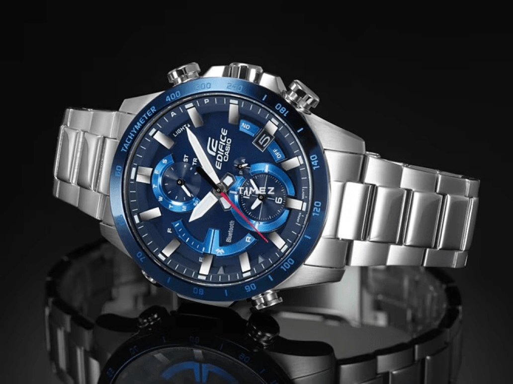 Casio,EDIFICE 45.80mm,45.80mm,Stainless Steel,Blue,Quartz,Chronograph,Date,Day,Power Reserve Indicator,Hardlex,Round,EQB900DB,EQB900DB-2A