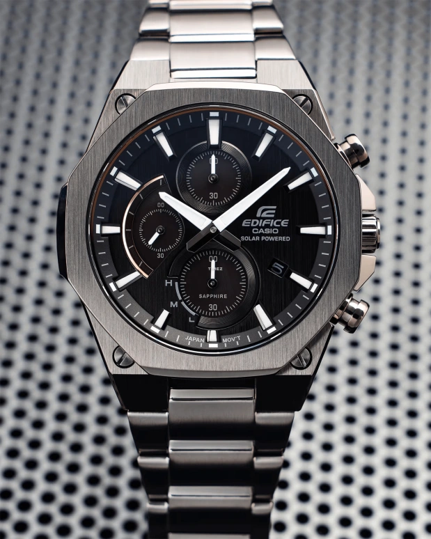 Casio,EDIFICE 49x44mm,49x44mm,Stainless Steel,Black,Quartz,Chronograph,Day,Power Reserve Indicator,Solar Charging,Hardlex,Round,EFSS570DC,EFSS570DC-1A