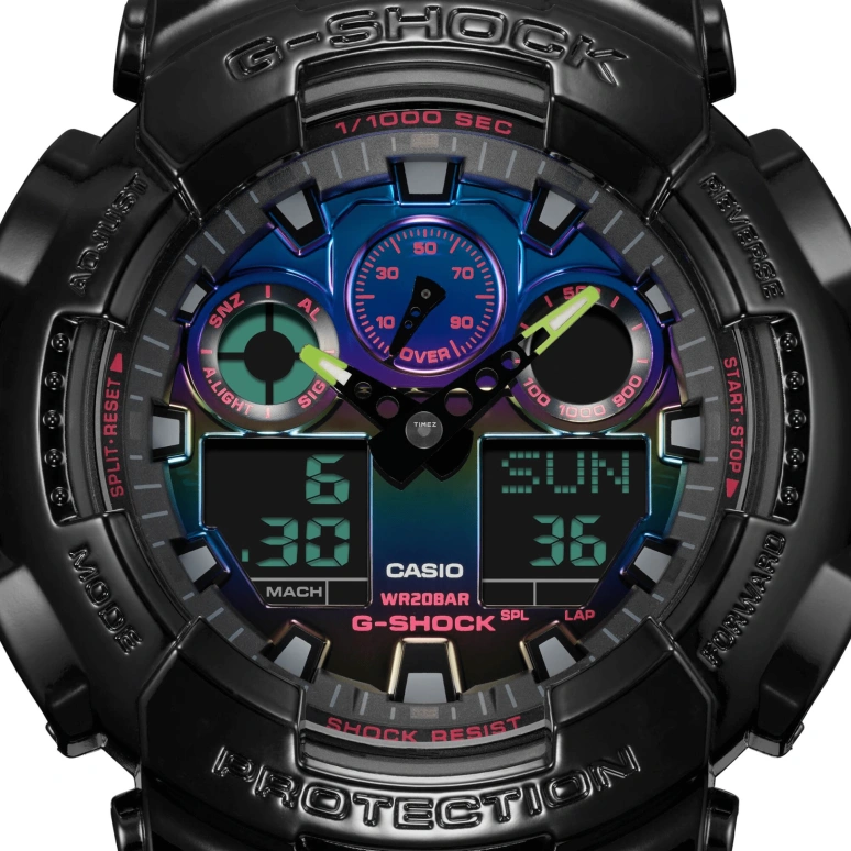 Casio,G-SHOCK 55x51.20mm,55x51.20mm,Resin,Multi-Color,Quartz,Countdown,Chronograph,Month,Date,Hardlex,Round,GA100RGB,GA100RGB-1A