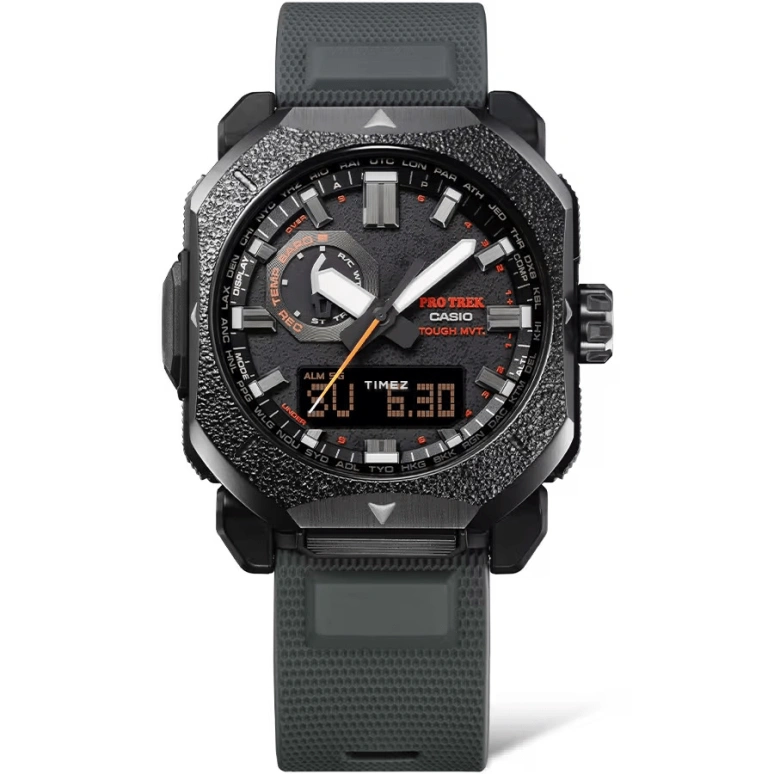 Casio,PROTREK 49.60x44.80mm,49.60x44.80mm,Bio-sourced,Stainless Steel,Black,Quartz,Countdown,Chronograph,Month,Date,Plexi,Glass,Octagon,PRW6900BF,PRW6900BF-1