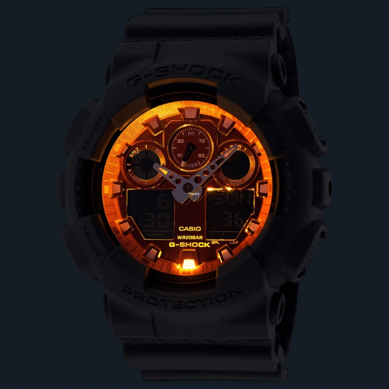Casio,G-Shock GA-100 51.20mm,51.20mm,Resin,Orange,Quartz,Countdown,Chronograph,Month,Date,Hardlex,Round,GA100FL,GA100FL-8A