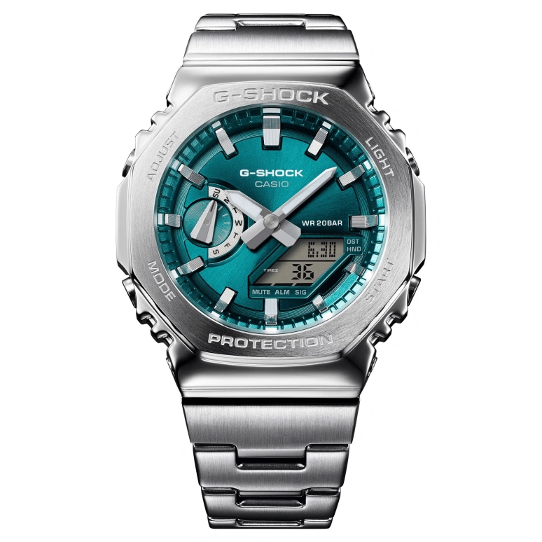 Casio,G-STEEL 49.30x44.40mm,49.30x44.40mm,Stainless Steel,Resin,Green,Quartz,Countdown,Chronograph,Month,Date,Hardlex,Octagon,GM2110D,GM2110D-3A1
