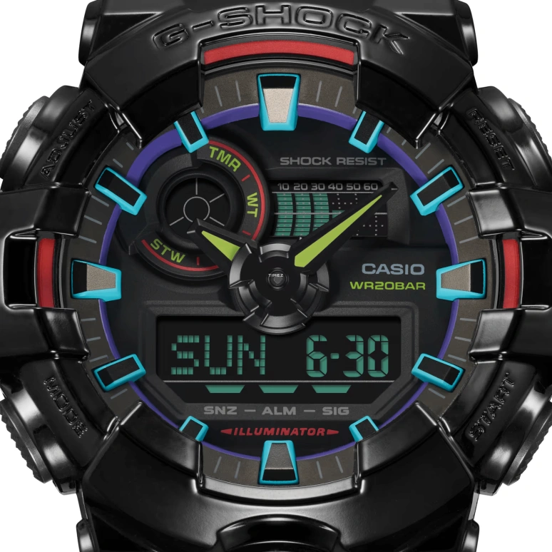 Casio,G-SHOCK 53.40mm,53.40mm,Resin,Black,Quartz,Countdown,Chronograph,Month,Date,Hardlex,Round,GA700RGB,GA700RGB-1A