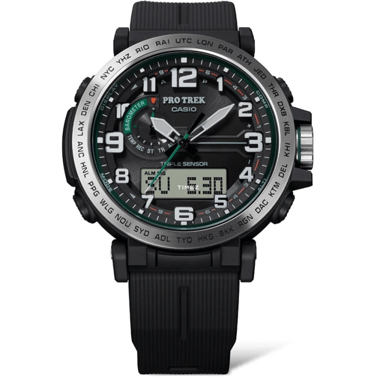 Casio,PROTREK 51.60x51.50mm,51.60x51.50mm,Bio-sourced,Stainless Steel,Black,Quartz,Countdown,Chronograph,Month,Date,Hardlex,Glass,Round,PRG601,PRG601-1