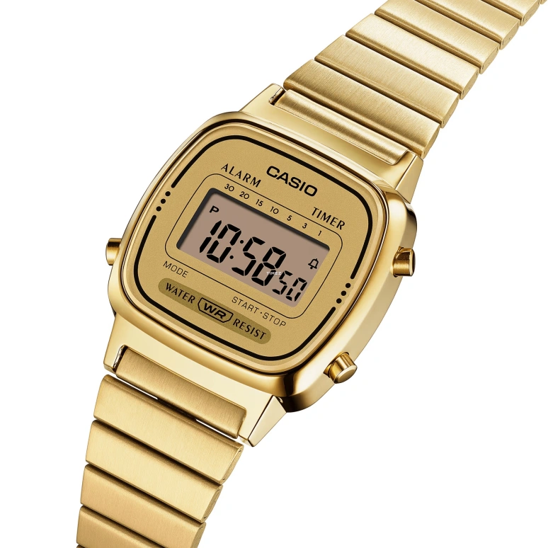 Casio,VINTAGE 30.30x24.60mm,30.30x24.60mm,Resin,Gold,Quartz,Countdown,Chronograph,Month,Date,Plexi,Glass,Square,LA670WGA,LA670WGA-9
