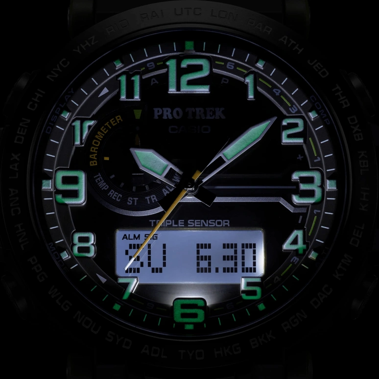 Casio,PROTREK 51.60x51.50mm,51.60x51.50mm,Bio-sourced,Stainless Steel,Grey,Olive Green,Quartz,Countdown,Chronograph,Month,Date,Hardlex,Glass,Round,PRG601YB,PRG601YB-3